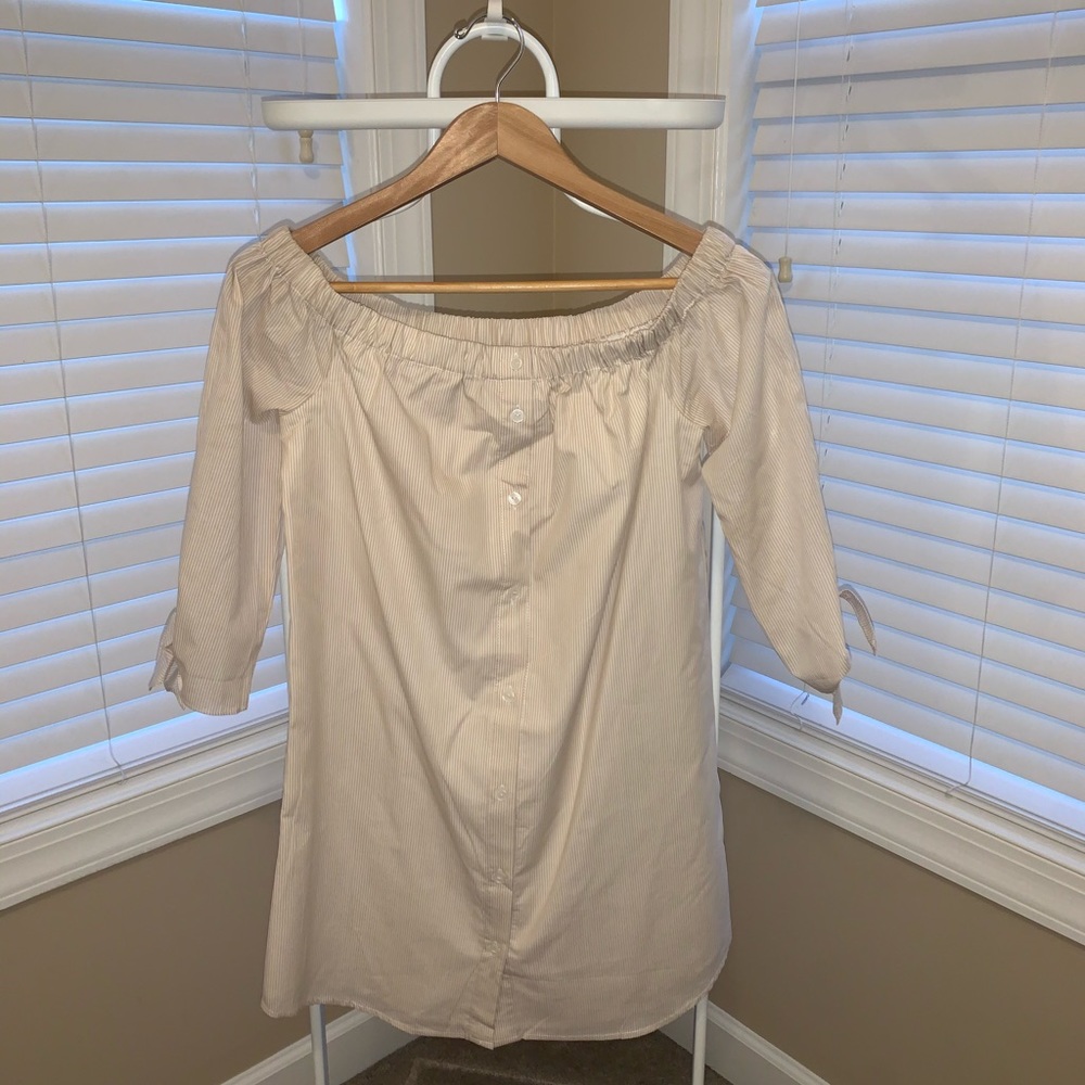 Off the shoulder white and yellow striped dress